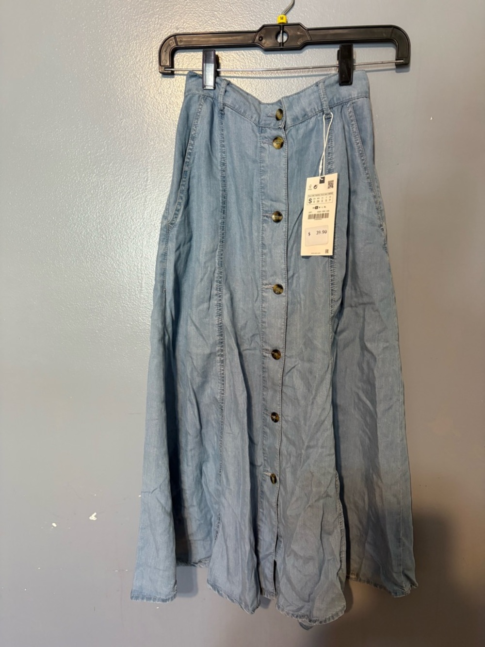 Light Blue Button-Front Denim Maxi Skirt